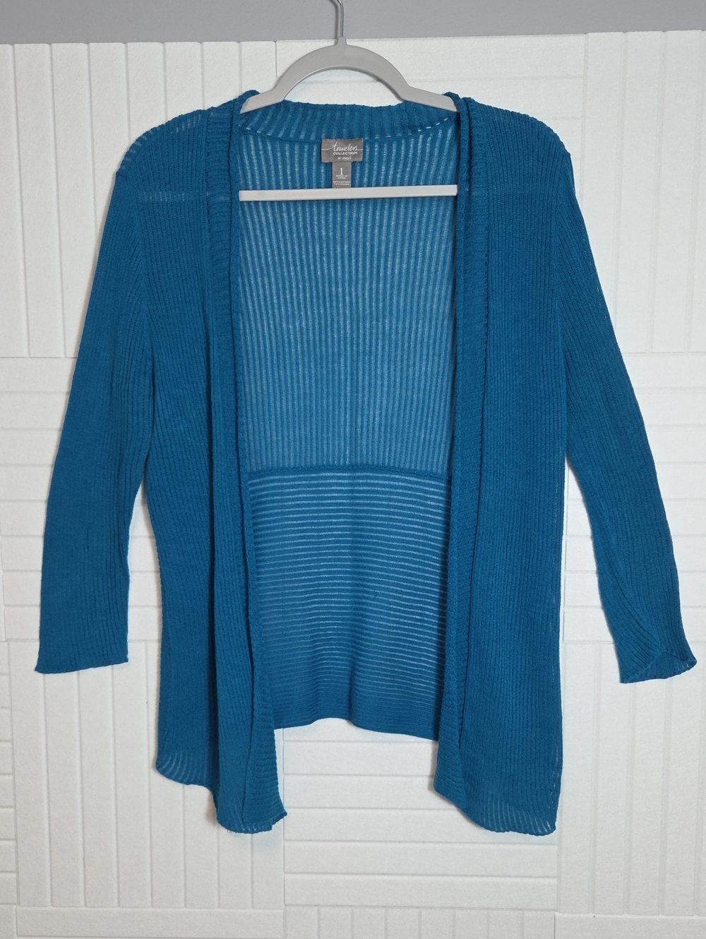 Travelers Collection Chico's Teal Open Front 3/4 Sleeve Cardigan Sweater Size M